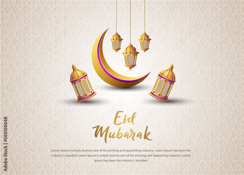 Eid Al Fitr Eid Mubarak Background Banner Design With Golden Lanterns