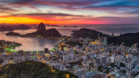 Rio De Janeiro Guanabara Bay Brazil South America Sunset Twilight Panoramic View 4k Ultra Hd