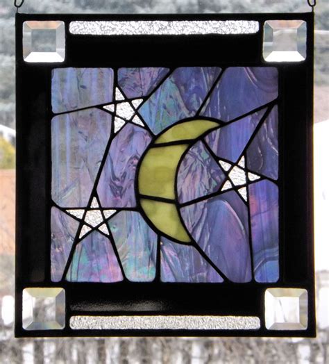 Stained Glass Panel Iridescent Night Sky Moon Stars Panel Etsy