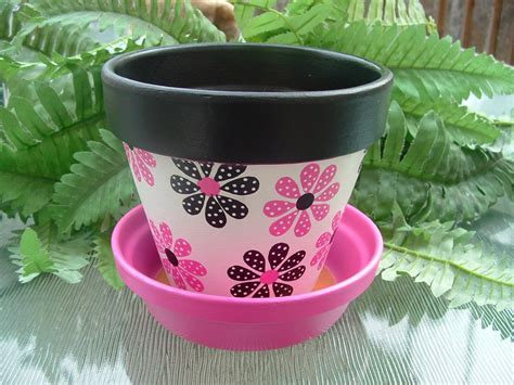 Pink And Black Flower Hand Painted Clay Pot