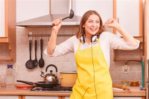 Dancing Housewife In Kitchen Stock Image Image Of Kitchen Cookery 61621613