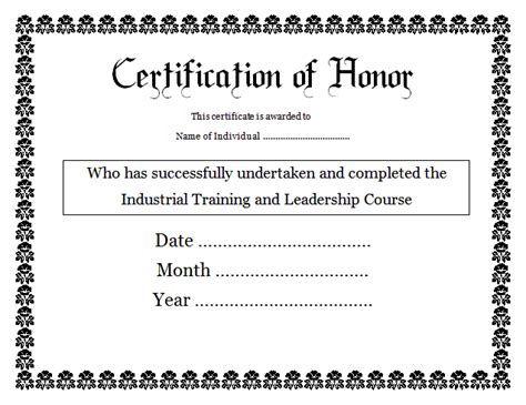 Certificate Of Honor Template Certificate Templates Free Word Templates