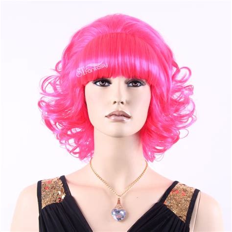 Shoulder Length Pink Syntheitc Curly Wigs With Bangs For Partyparty