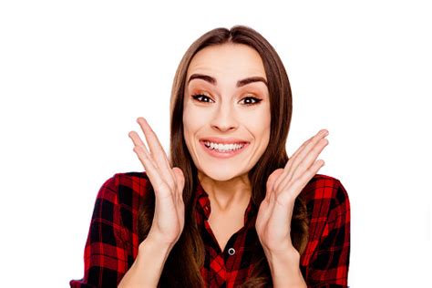 Portrait Of Excited Happy Shocked Young Brunette Woman Stock Photo