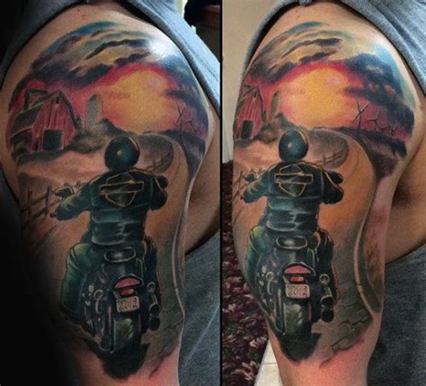 biker riding into the sunset mens half sleeve tattoos full arm sleeve tattoo full sleeve tattoo