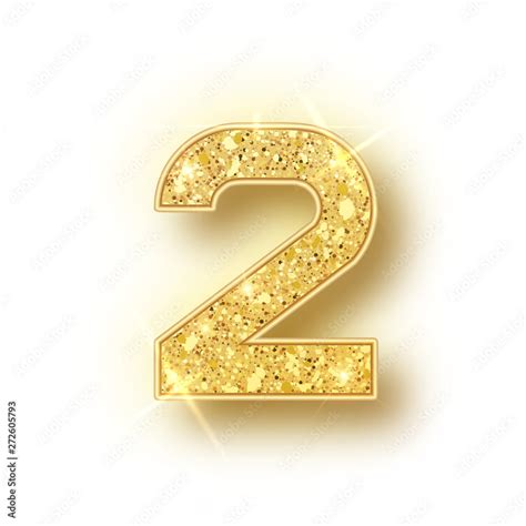 Gold Glitter Alphabet Numbers 2 With Shadow Vector Realistick Shining