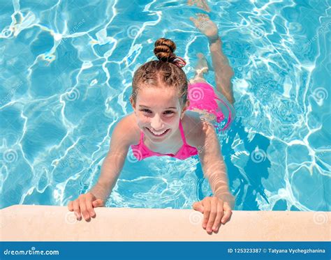 Teen Girl In Swimming Pool Squinting Her Eyes Stock Image Image Of Journey Little 125323387