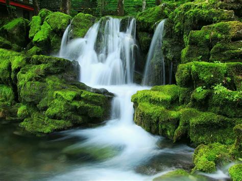 Nature Green Hd Wallpaper Cascading Waterfalls Rocks Covered With Moss