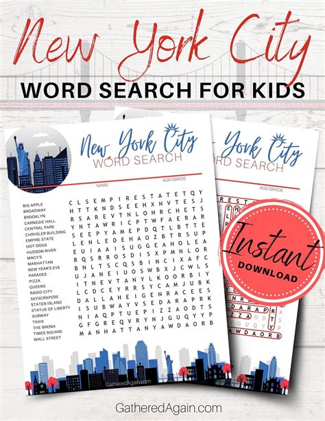 New York City Word Search Puzzle For Kids Homeschool Lesson Etsy New