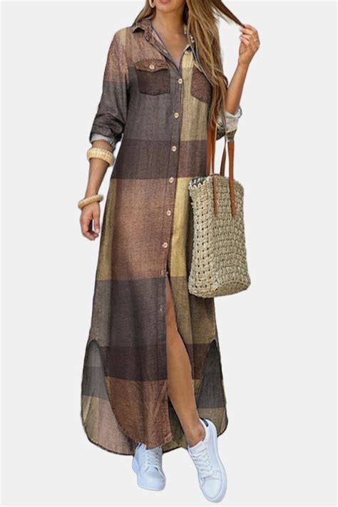 vintage plaid print long sleeves lapel button dress with pockets for women plaid print shirt