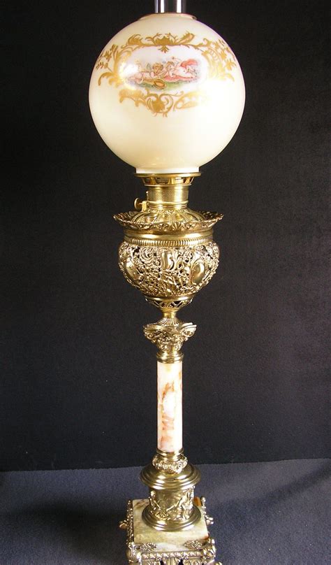 Magnificent Brass And Marble Banquet Lamp With Hand Painted Globe Shade