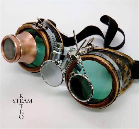 bronze steampunk goggles double loupe green lens cyber etsy