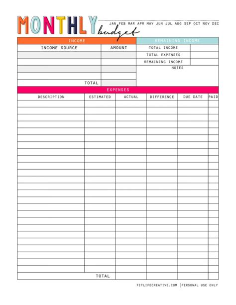 Blank Personal Monthly Budget Spreadsheet Printable — Db