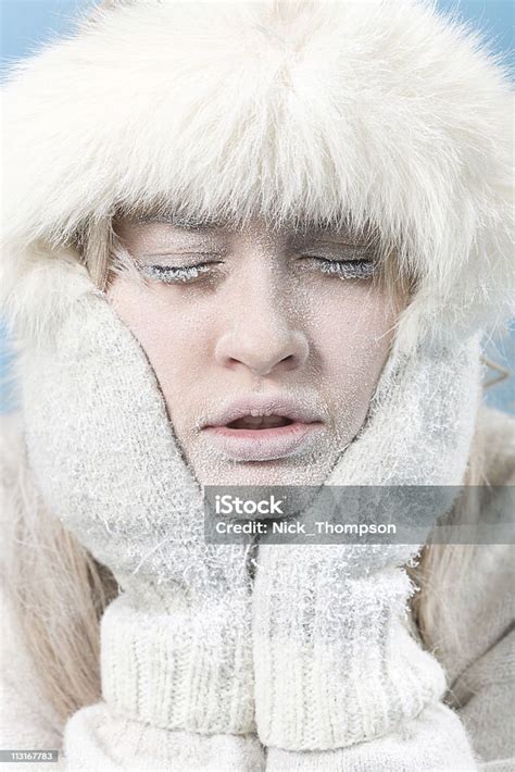 Frozen Chilled Female Face Covered In Ice Stock Photo Download Image