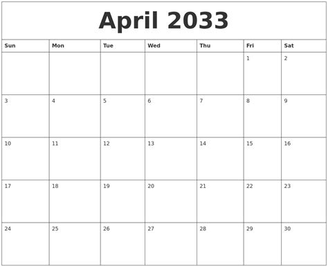 April 2033 Blank Monthly Calendar Template