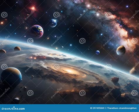 Cosmic Tapestry: Earth, Space, and the Vast Universe Stock Illustration