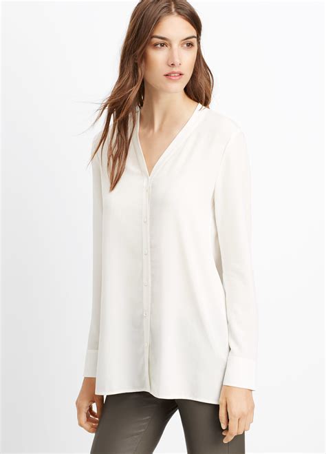 Vince Silk Button Up Blouse In White Lyst