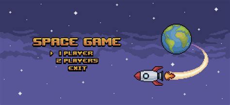Pixel Art Space Game Home Screen Game Menu With Rocket Flying Over