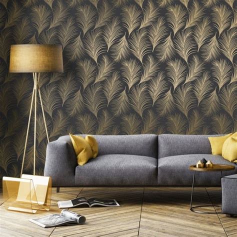 Holden Metallic Feather Pattern Black Gold Wallpaper Leaf Motif Modern