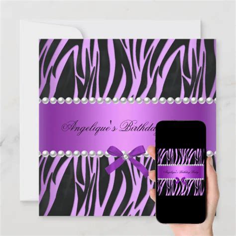 birthday party purple pink black zebra pearl invitation zazzle