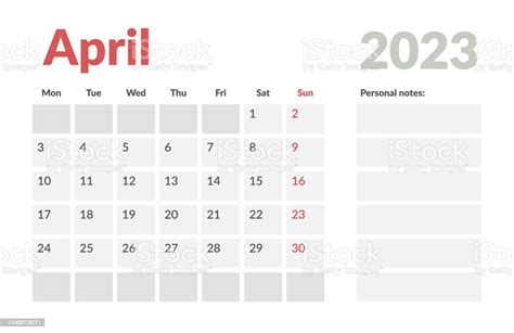 Kalendervorlage Von April 2023 Mit Platz Für Notizen Vektorlayout