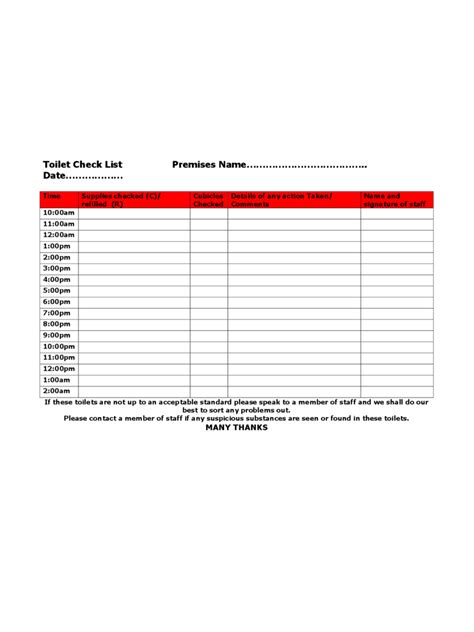 toilet checklist template   templates   word