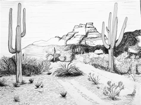 Desert Landscape In Pen And Ink Drawing Landscape Drawings Desert