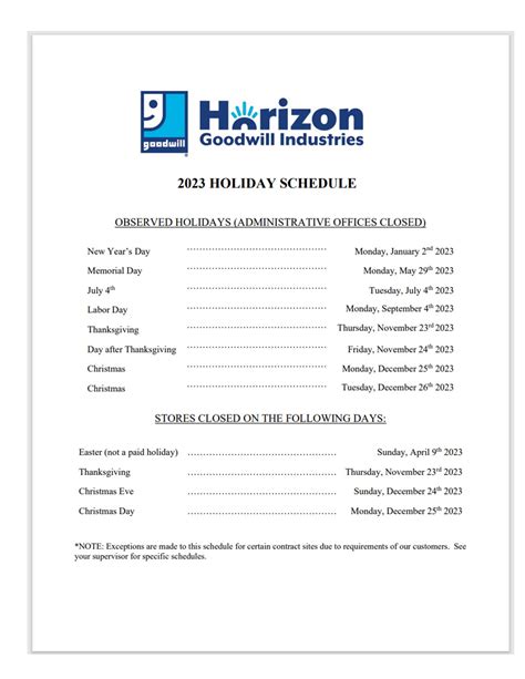 2023 Holiday Schedule and Payroll Calendar - Horizon Goodwill Industries
