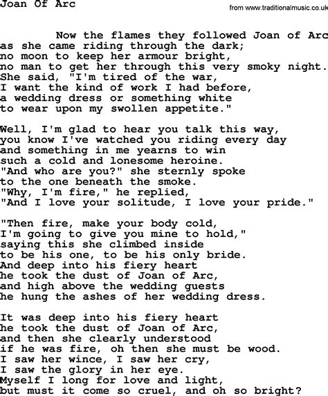 Leonard Cohen Song Joan Arc Lyrics