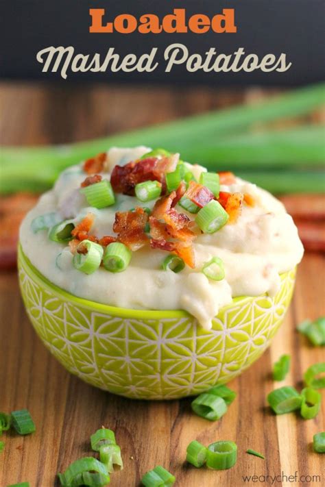 The mashed potatoes' impossibly creamy texture is a credit to the right guy for the job: Loaded Mashed Potatoes with Cheese and Bacon - The Weary Chef