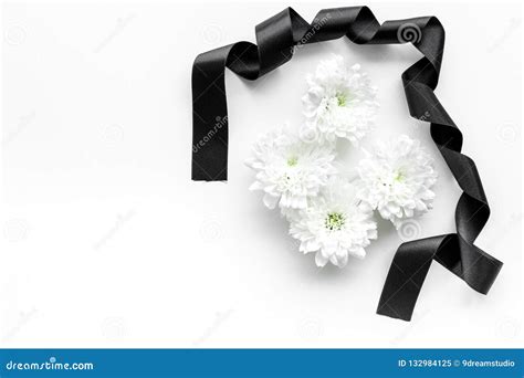 Funeral Symbols. White Flower Near Black Ribbon on White Background Top