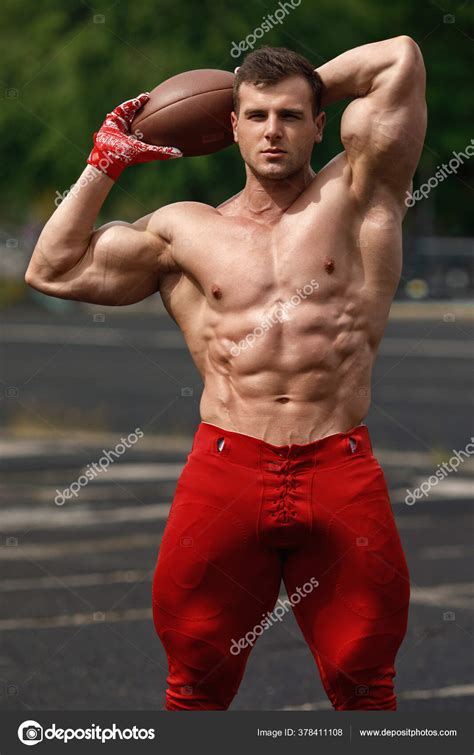 American Football Sportsman Player Muscular Man Strong Naked Male Abs