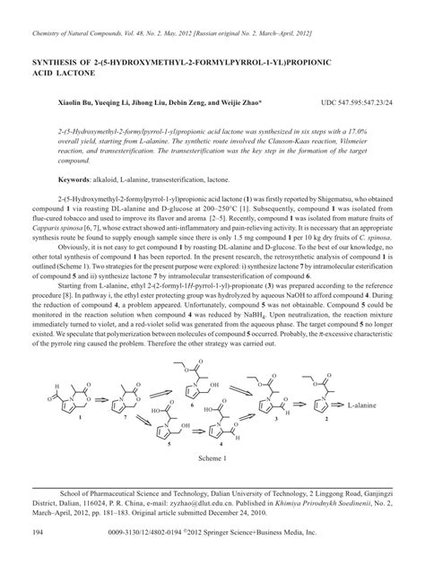 Pdf Synthesis Of 2 5 Hydroxymethyl 2 Formylpyrrol 1 Ylpropionic