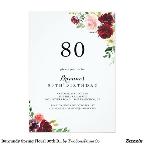 Burgundy Spring Floral 80th Birthday Party Invitat #zazzle #zazzlemade