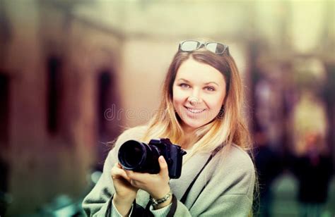 Girl Holding Camera And Photographing Stock Image Image Of