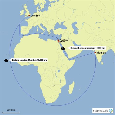 Die tiefe des suezkanals ist ganz groß im vergleich zu den anderen kanälen und bildet 20 meter. StepMap - Distanzen London-Mumbai, Suez Kanal - Landkarte ...