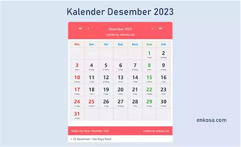 Kalender Bulan Desember 2023 Lengkap