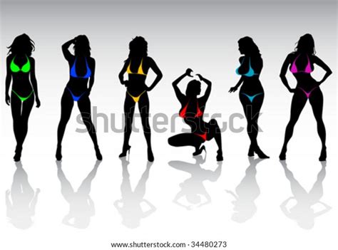 Vektor Stok Vector Silhouettes Girls Bikini Beach Tanpa Royalti