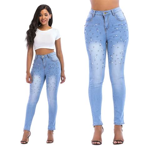 qmgood fashionable pearl deco denim jeans women sexy skinny jeans sky blue trousers high waist