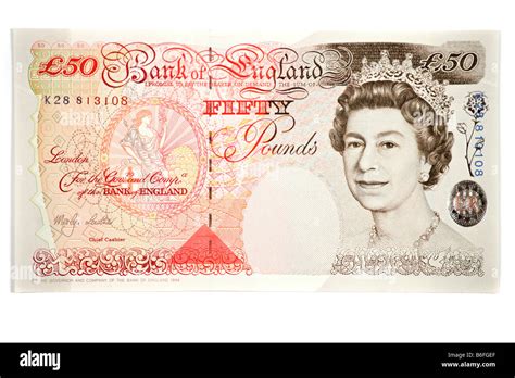 A Photograph Of A British Fifty Pound Note On A White Background Stock