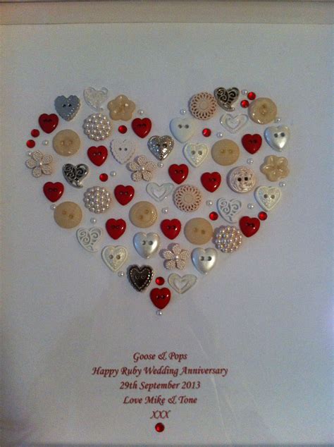 Framed Heart Button Artwork Personalised For A Ruby Wedding