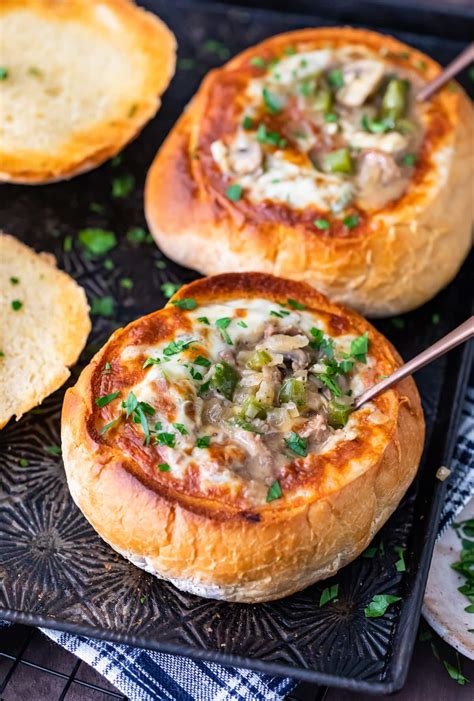 These philly cheese steaks are a kind of gourmet version — i used beef tenderloin. Philly Cheese Steak Soup in a Bread Bowl - The Cookie ...