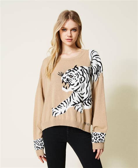 Jumper With Jacquard Tiger Inlays Woman Beige Twinset Milano