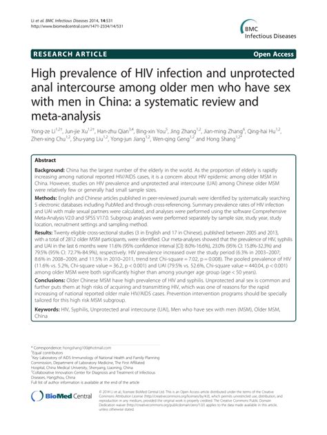 Pdf High Prevalence Of Hiv Infection And Unprotected Anal Intercourse Among Older Men Who Have