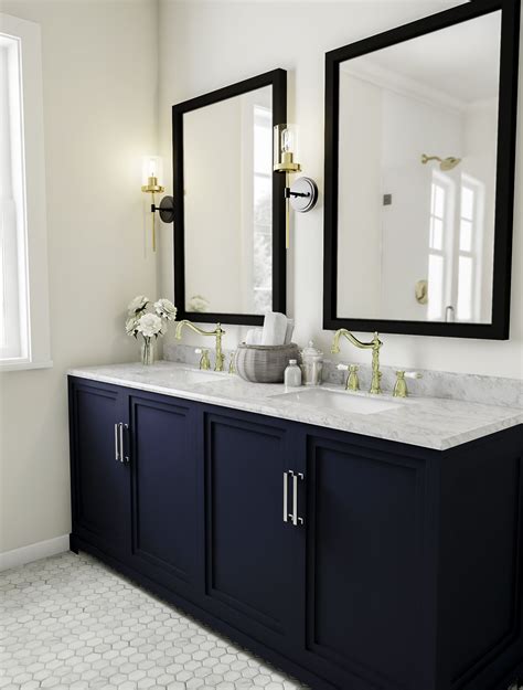 Traditional Bathroom With Dark Blue Vanity Bathroom Vanity Decor