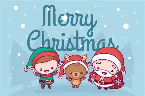 Ilustración De Precioso Lindo Kawaii Chibi Papá Noel Ciervos Y Elf Bajo