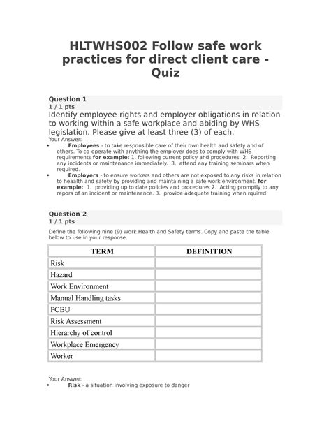 Hltwhs 002 Follow safe work practices for direct client care - Quiz