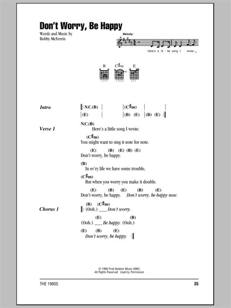 Dont Worry Be Happy Sheet Music By Bobby Mcferrin Lyrics And Chords 81337