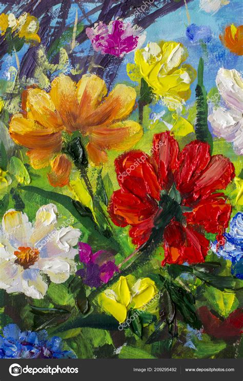 Big Multicolored Spring Flowers Impressionist Palette Knife Oil