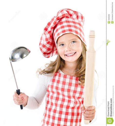 Smiling Cute Little Girl In Chef Hat With Ladle And
